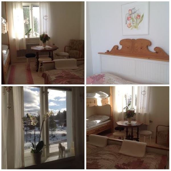Collage från rummen med fåtölj och litet bord, sänggavel med snickarglädje, utsikt genom ett fönster samt vy över ett rum med våningssäng, dubbelsäng, bord och pallar.  