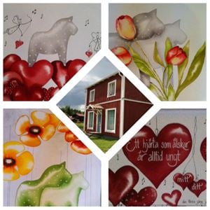 Collage på målade hästar och exteriörbild på Bromangard.