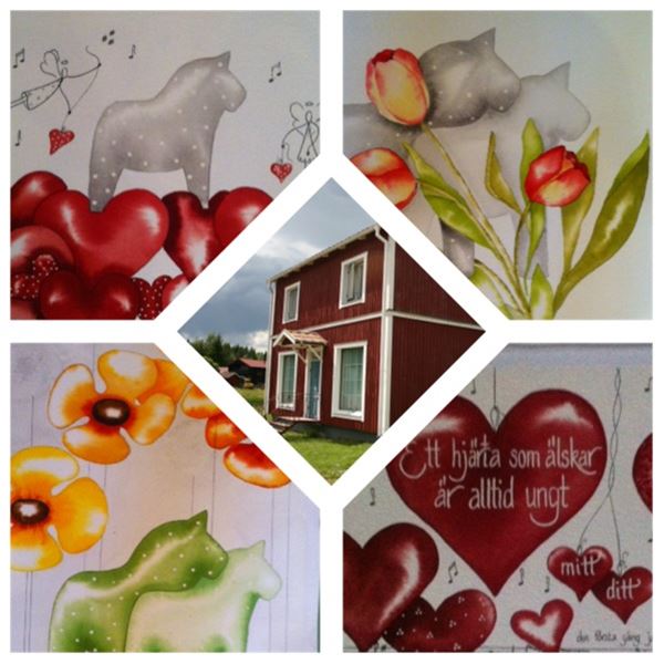 Collage på målade hästar och exteriörbild på Bromangard. 