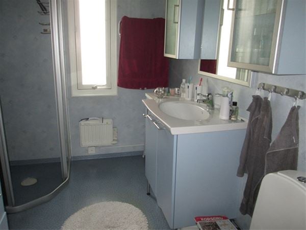 Badrum med duschkabin och handfat och toalett. 