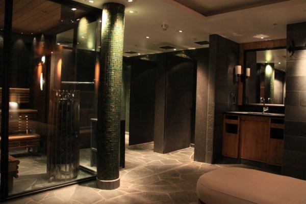 The shower section with sauna and mirrors in dark a colors. 
