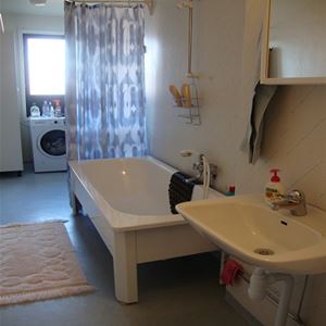 The bathroom with a bath tub and a washing machine.