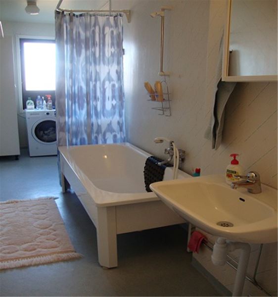 The bathroom with a bath tub and a washing machine. 