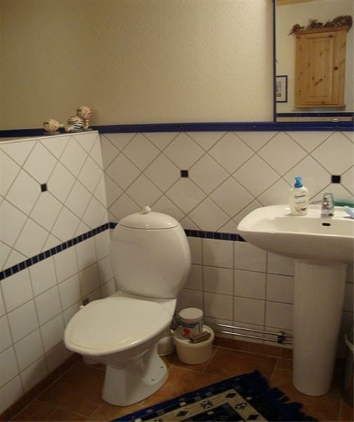 Toalett och handfat med halvkaklatd vägg. 