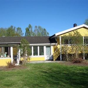 A yellow villa with some trees in the backyard.