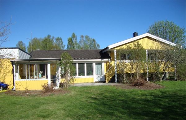 A yellow villa with some trees in the backyard. 