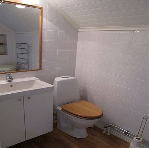 Toilet and sink in a bathroom with tiled walls.  