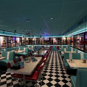 50's diner theme in the restaurant.