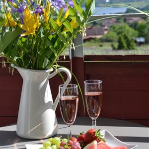 Fruktfat, två vinglas och blommor i en kanna står på ett balkongbord med utsikt över Siljan. 