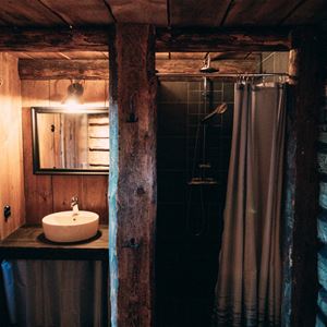 Litet porslinshandfat med spegel och dusch med grått kakel och synliga timmerväggar och massiva trästolpar. 