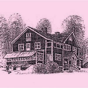 Sätergårdens Pensionat tecknad mot rosa bakgrund.