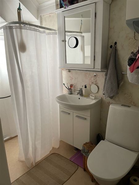 Badrum med dusch, toalett och handfat. 