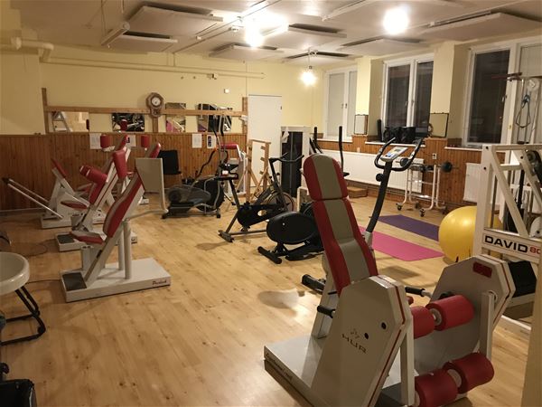 Exercise machines in a gym. 