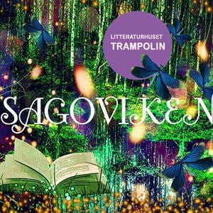 Litteraturhuset Trampolin,  © Litteraturhuset Trampolin, En sagoskog med en glittrande bok och trollsländor.