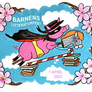 Katarina Eriksson,  © Trampolin , En rosa gris hoppar käpphäst över ett hinder med en polkagris och travar med böcker.