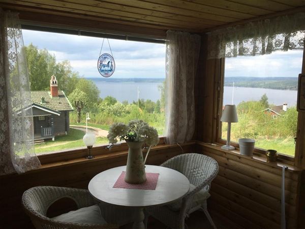 View over Lake Siljan through large windows.  