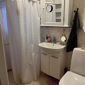 Bathroom with toiilet, shower and basin. 