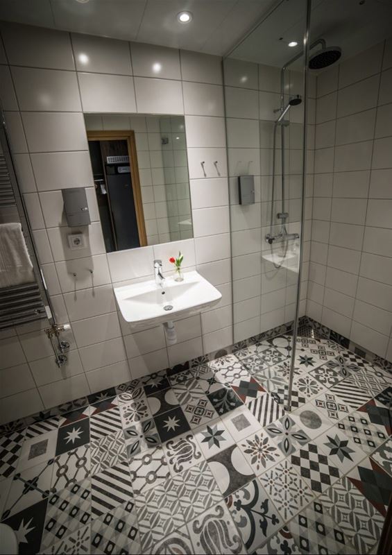 Bathroom with patterned floor. 