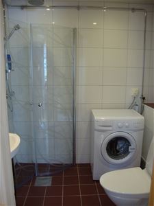 The toilet with a shower and a washing machine.