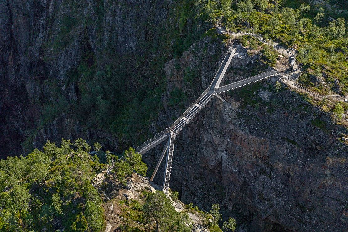 Bridge over the waterfall Vøringsfossen drone picture