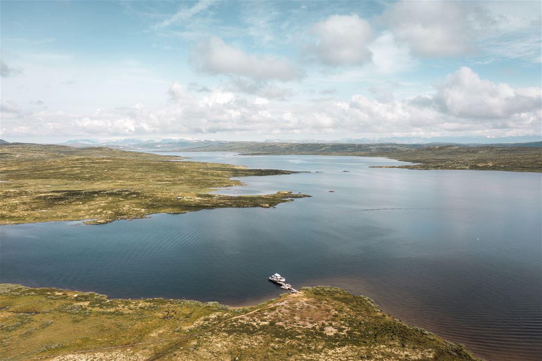 Halnefjorden lake on the galf of the Hardangervidda, drone picture. 
