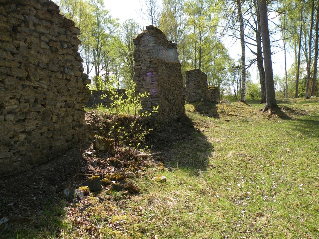 Stone walls remaining from old buildings.