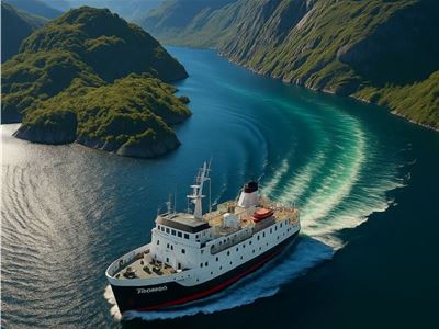 Boat sailing through fjord during a clear summer day
