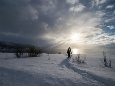A person with snowshoes on a trail