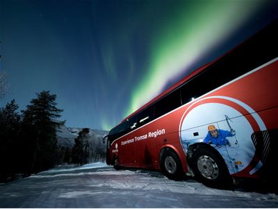 The Arctic Route bus stands beneath the aurora