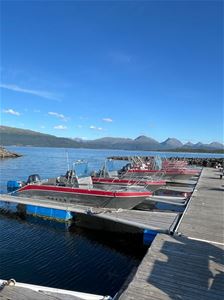 Boats at the marina with mountains in the background
