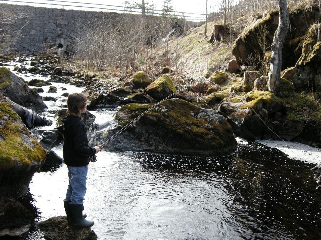 A boy is fishing on a river.