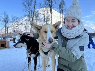 Guest cuddling with huskies