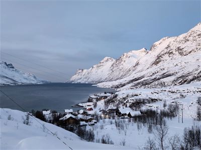 Snowcovered mountains and fjord view