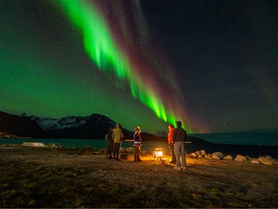 Guests sit around the fire, watching the Northern Lights dance overhead