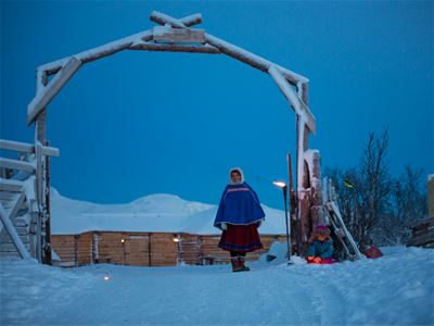 Person at the camp standing under a dark blue sky