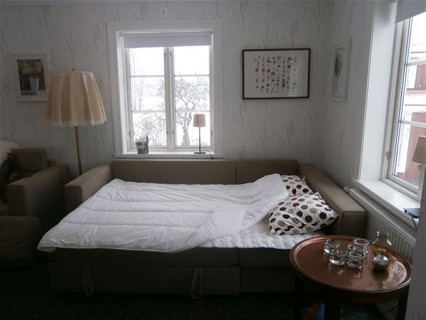 Sovrum med två fönster. 