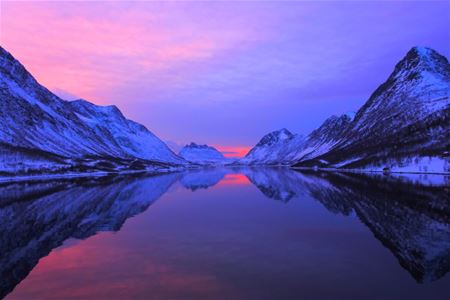 Fjellene og fjorden lyses opp av den rosa og lilla himmelen