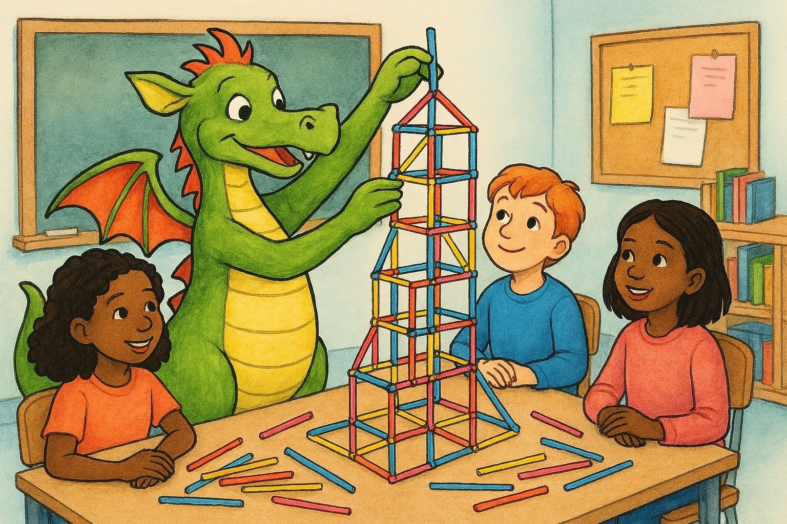 En animerad bild, en drake bygger en 4D frame medans tre barn tittar på.