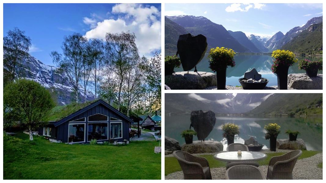 Collage showing a lakeside cabin, patio seating, flowers, and a calm fjord framed by snowy mountains and clouds..