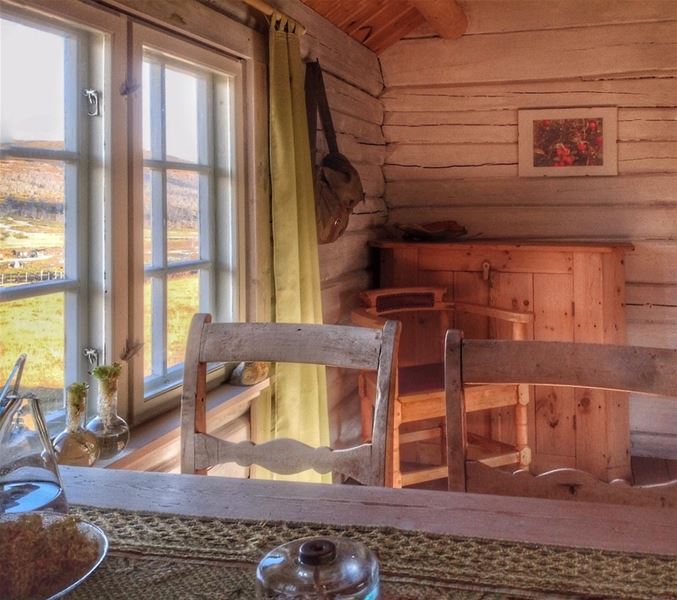 Innendørs bilde av en lys stue og et kjøkken med tregulv, trebjelker i taket og store vinduer som slipper inn naturlig lys.