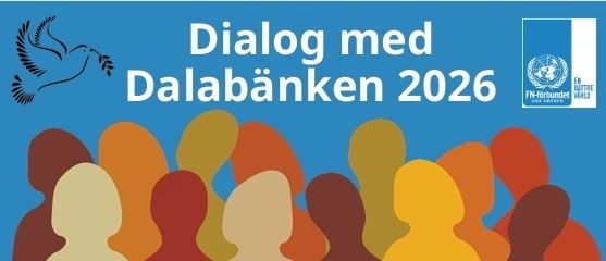 Blå bakgrund, animerade huvuden i olika färger, en fredsduva och en FN logga.