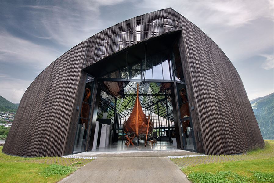 The distinctive building of Sagastad Viking Center in Nordfjordeid.