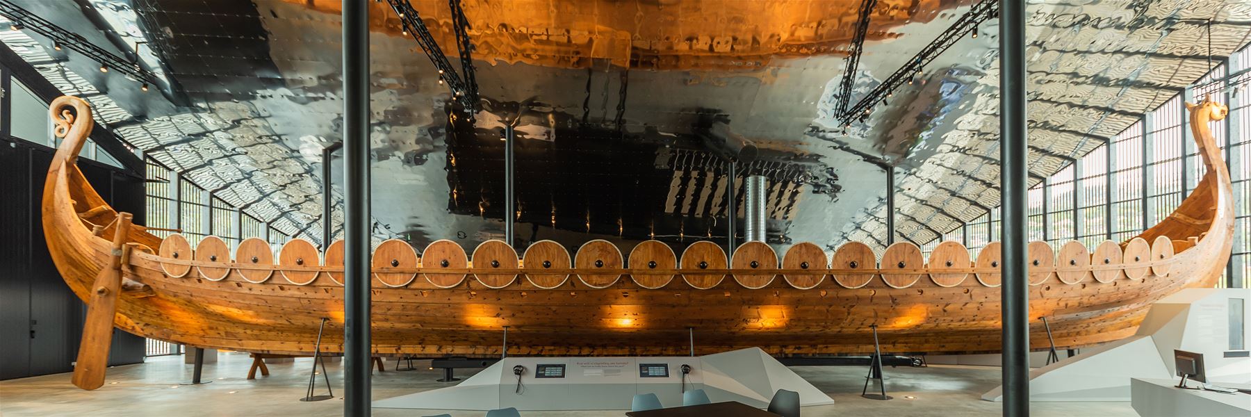 The 30-meter-long Myklebust Ship displayed inside Sagastad Viking Center.