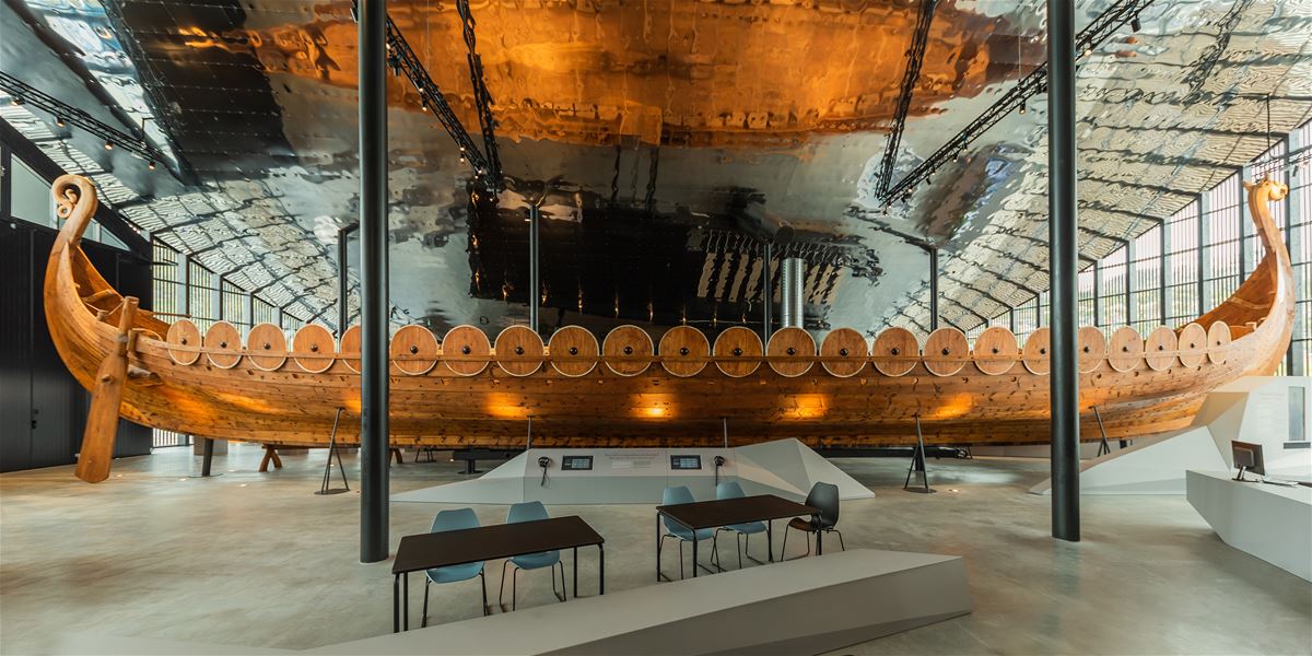 The impressive Viking ship Myklebust Ship displayed inside Sagastad Viking Center.