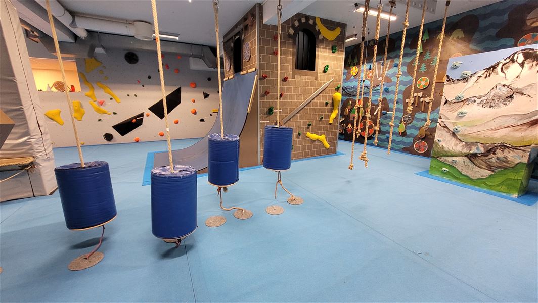 Indoor climbing gym with hanging ropes and padded barrels, blue mat floor, and colorful climbing walls and obstacles..