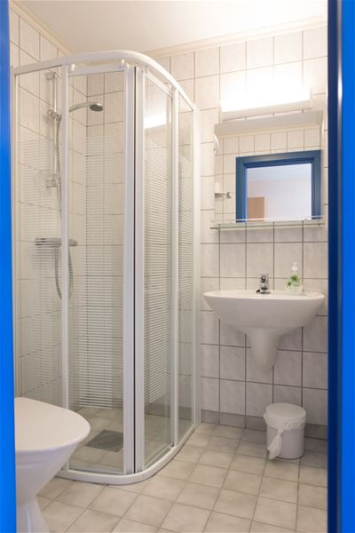 Small tiled bathroom with a corner glass shower enclosure, wall-mounted sink, mirror, shelf, and waste bin..