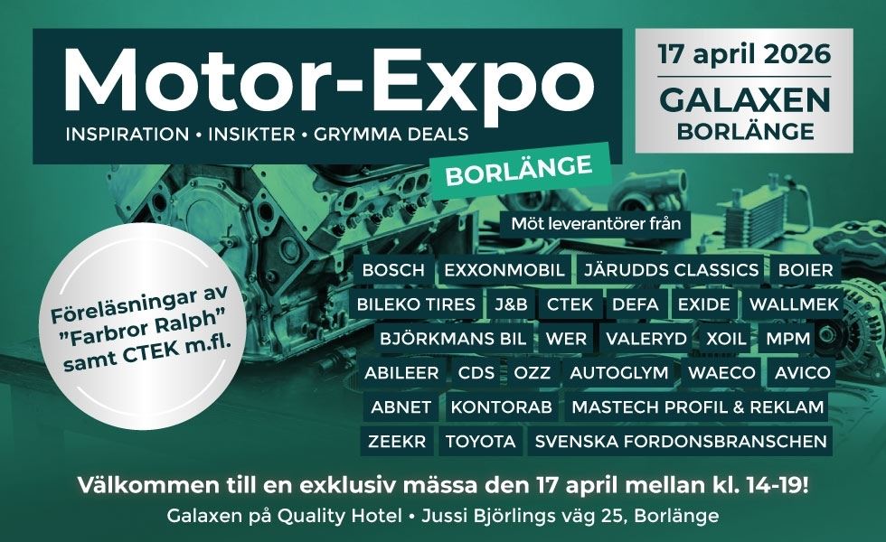 Grön bakgrund, Motor -Expo med vita bokstäver i svart ruta, utställare och text om evenemanget.