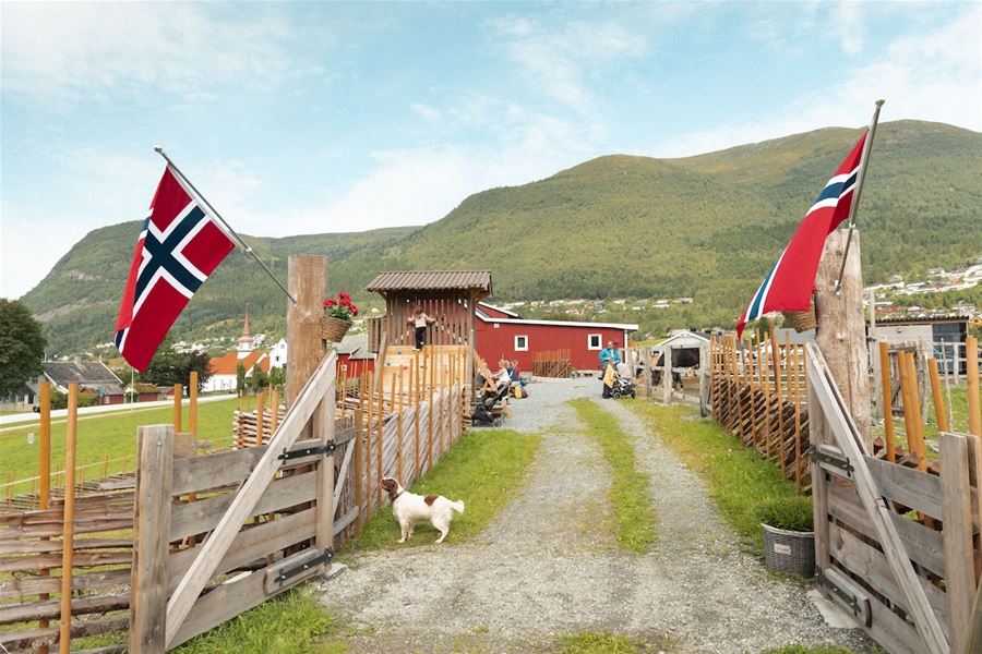Gravel lane between wooden fences with Norwegian flags, a small dog, people near a red barn, and green hills beyond..