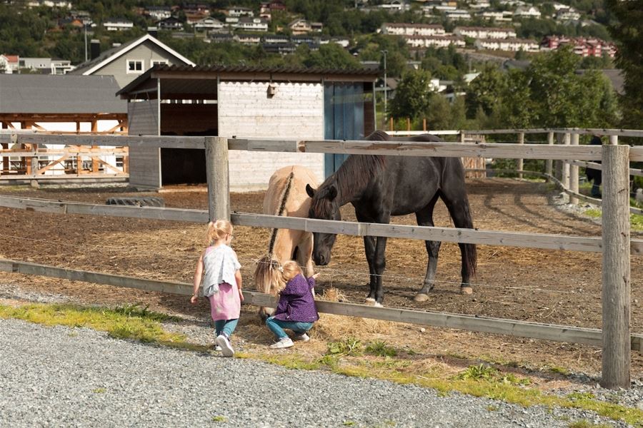 Two children stand by a wooden fence, watching two horses in a dirt paddock near farm buildings and homes..