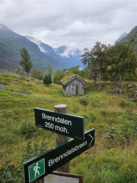 Green trail sign in grassy meadow with a small wooden cabin, trees, and misty mountains under cloudy sky..